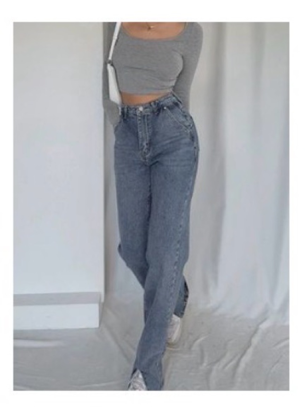 Commense High-Waisted Straight Leg Jeans with Front Slits, Washed Blue, XS, NWT